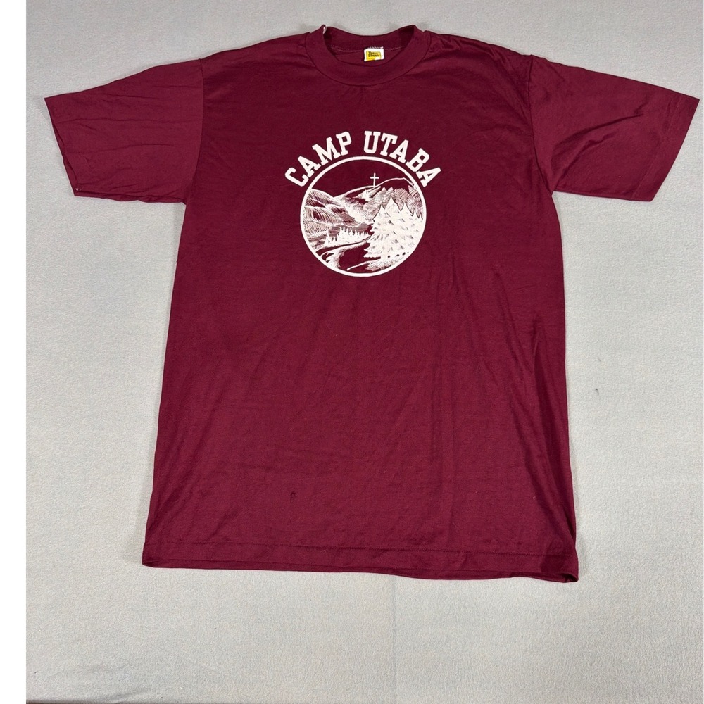 Vintage Velva Sheen Camp Utaba T Shirt Maroon Burgundy Graphic Tee Made in USA L